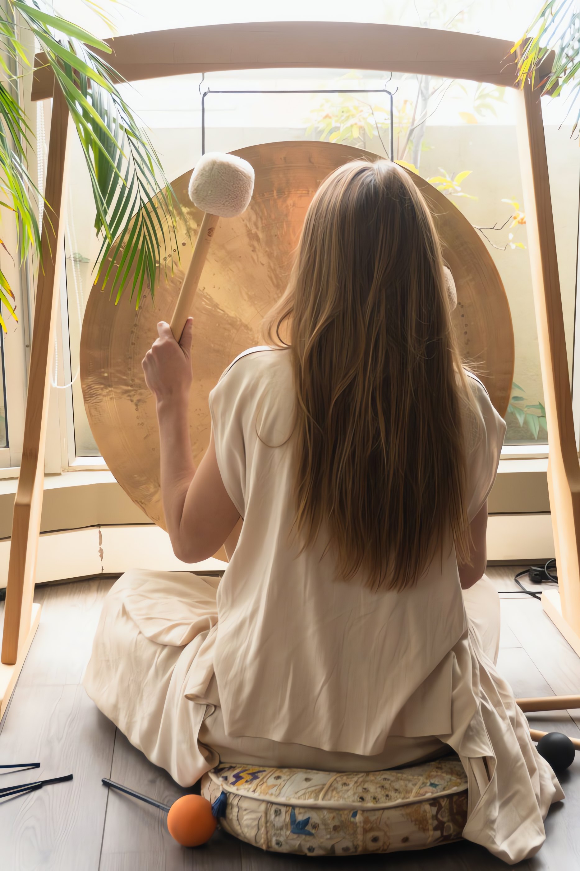 Andrea tocando el gong en una sesión de sound healing